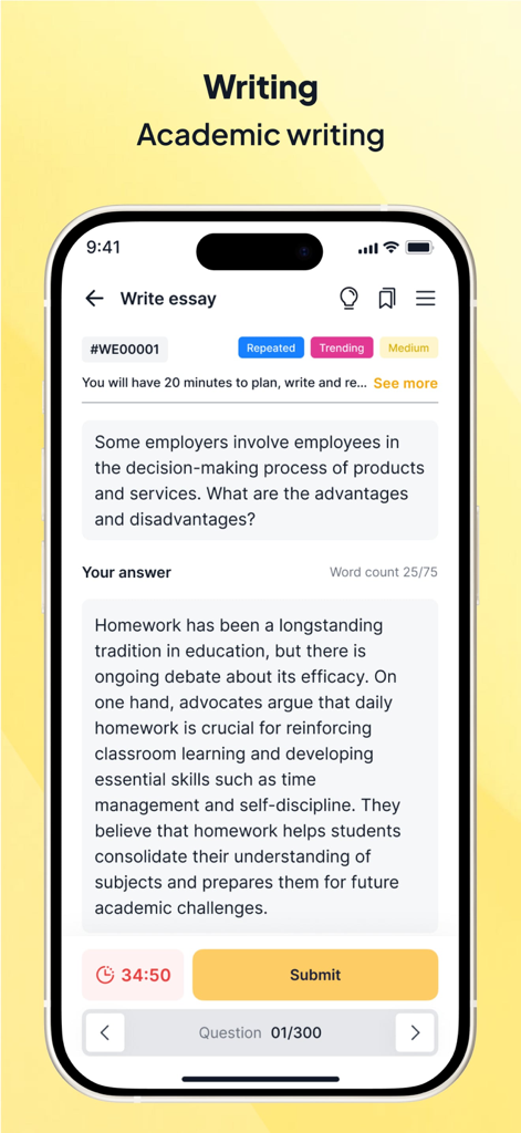 Interface do aplicativo PTE Magic mostrando uma tarefa de prática de redação de ensaio para preparação de escrita acadêmica.