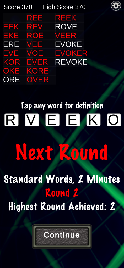 Word Warp - A Word Puzzle Game - Pantalla del juego Word Warp mostrando una lista de palabras resueltas y una indicación para continuar a la siguiente ronda