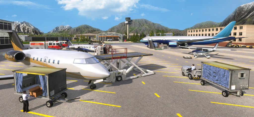 Airplane Pro: Flight Simulator - Flughafen-Vorfeld mit verschiedenen Flugzeugen und Bodenpersonal in Airplane Pro Flight Simulator