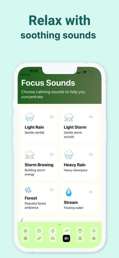 ADHD: Planner & Lifehacks - ADHDプランナーアプリのフォーカスサウンド機能のスクリーンショット、雨や森のアンビエンスのような落ち着いたオーディオオプションを表示