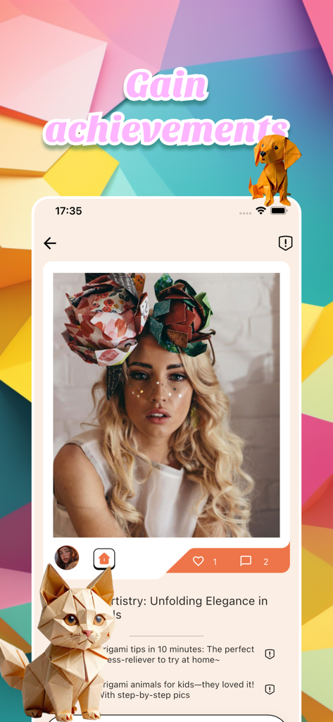 Osimo - Connect, Enjoy & Chat - Interfaccia dell'app Osimo che mostra gli obiettivi dell'utente e un post social a tema origami.