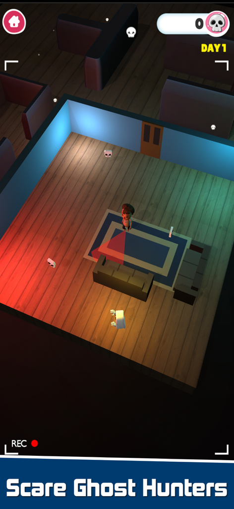 Ghost Finder: Halloween Game - A gameplay screenshot showing a white ghost sneaking behind a character with a red vision cone in a room.