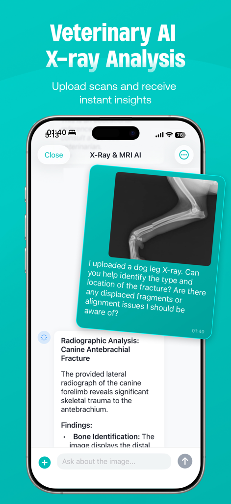 PetMed: Vet Calc & Drugs - PetMed app screen showing AI powered veterinary X-ray analysis for a dog leg fracture