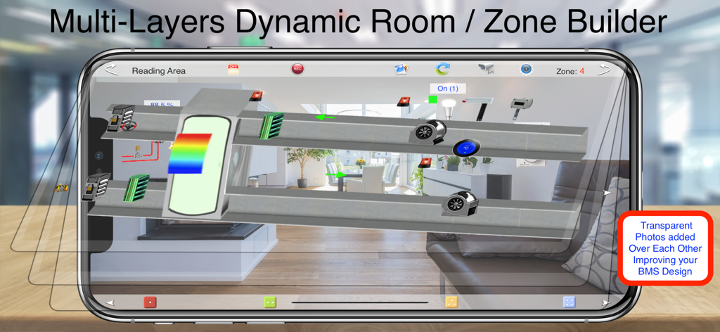 HOS Smart Home BACnet BMS - Interfaz de la aplicación HOS Smart Home BACnet BMS mostrando un constructor dinámico de habitaciones y zonas de múltiples capas con superposiciones del sistema HVAC