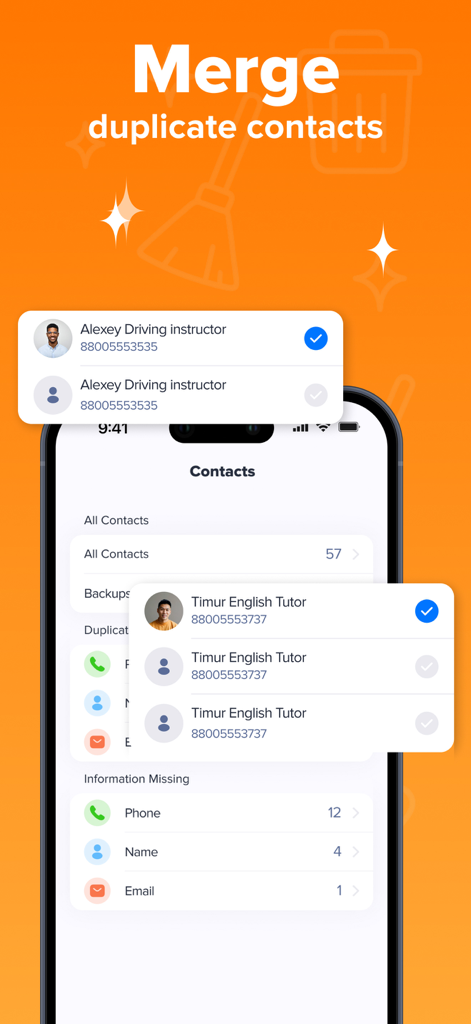 Interfaz de la aplicación optimizador de almacenamiento IA mostrando cómo encontrar y fusionar contactos duplicados en un iPhone.