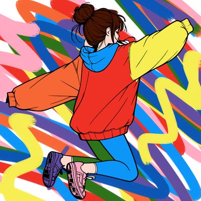 realistic girl jumping with a bun and oversized sweatshirt