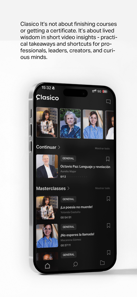 Clasico - shared insights - Interfaz de la aplicación Clasico en un iPhone mostrando masterclasses profesionales y perspectivas de video de experiencias vividas