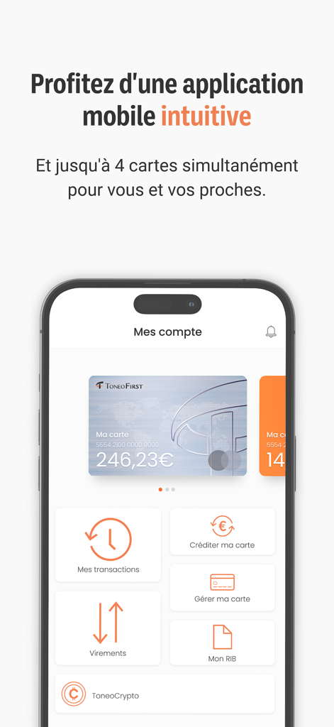 Tableau de bord de l'application mobile Toneo First avec une Mastercard prépayée et des outils de gestion financière