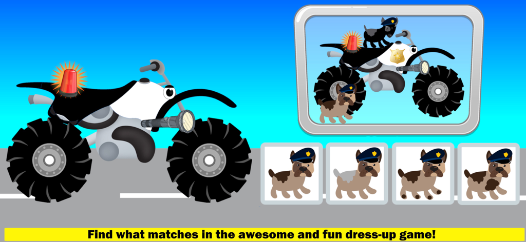 Monster Truck Games! Go Racing - A police-themed monster motorcycle next to a puppy matching game screen for toddlers.