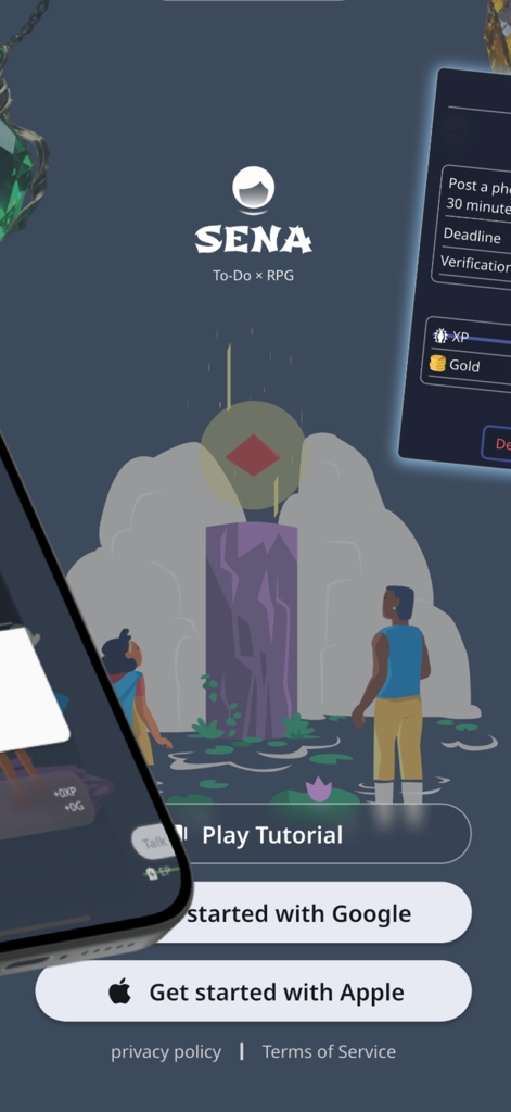 SENA: To-Do × RPG - Welcome screen of the SENA To-Do RPG app featuring fantasy artwork and login options for Google and Apple