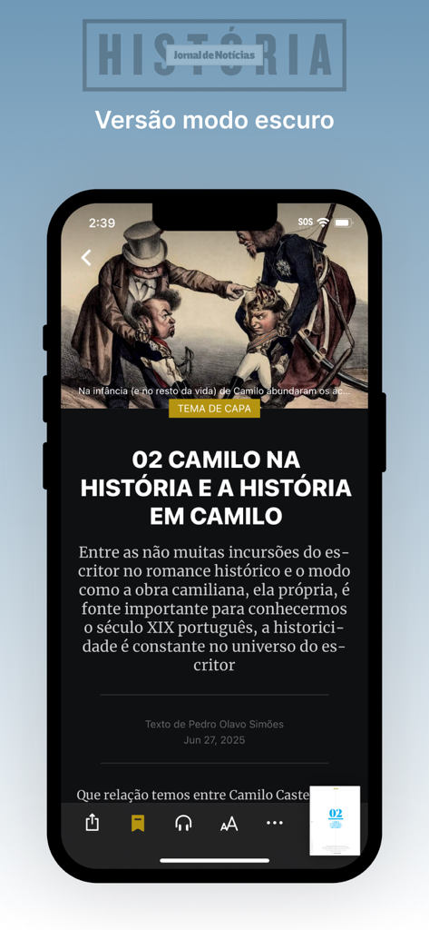 JN História - Vista de artículo de la aplicación JN Historia en modo oscuro con una historia histórica ilustrada sobre Camilo.
