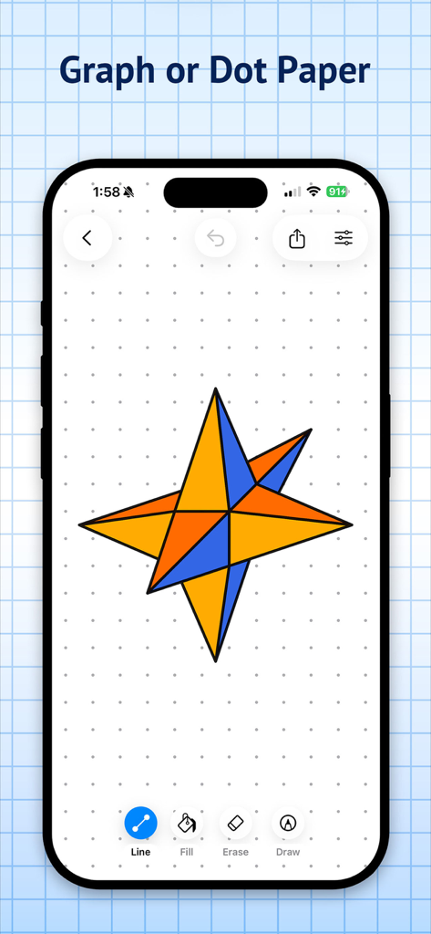 Graph Paper Pro - Interfaz de la aplicación Graph Paper Pro que muestra una estrella geométrica colorida en papel de puntos