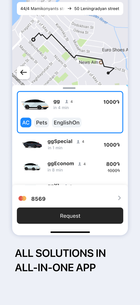 A screenshot of the gg transportation app showing a map with a route and various ride options including gg ggSpecial and ggEconom.