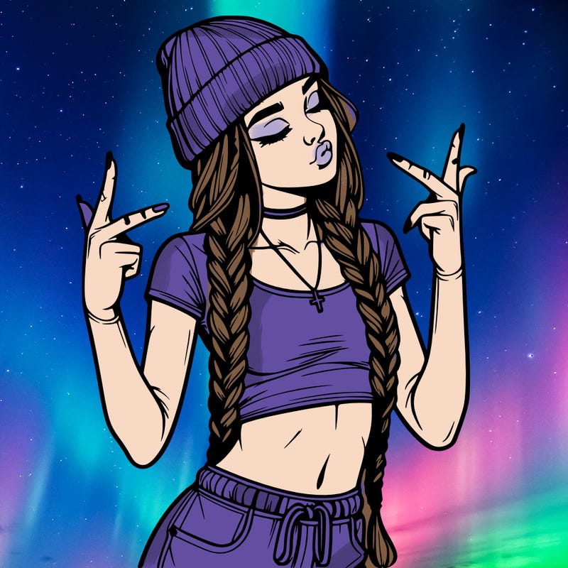 realistic teenage girl with braids and a beanie and crop top doing 🫶🏼