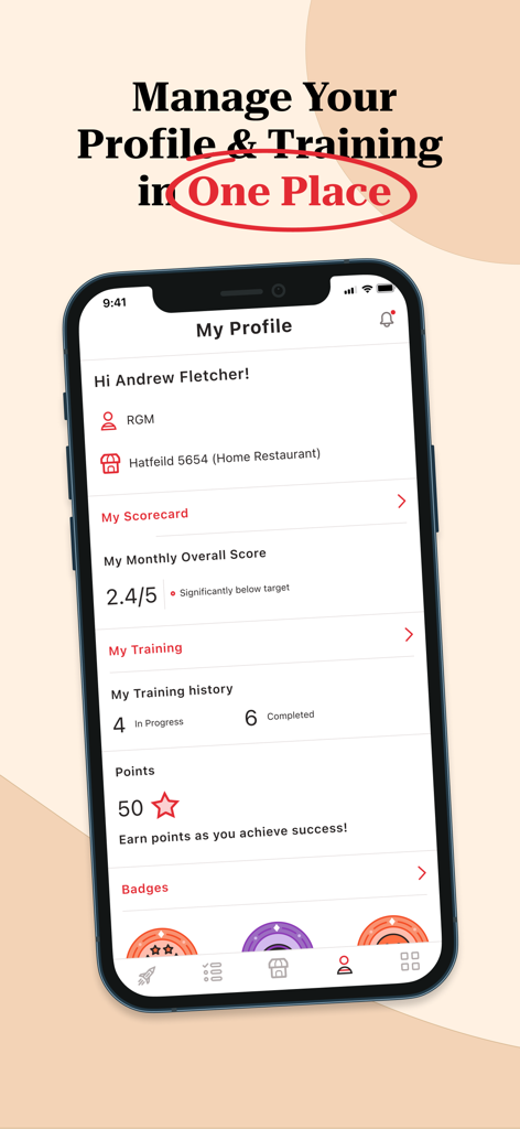 KFC Connect - KFC Connect app screenshot showing a restaurant manager profile with monthly scorecard training history and earned points
