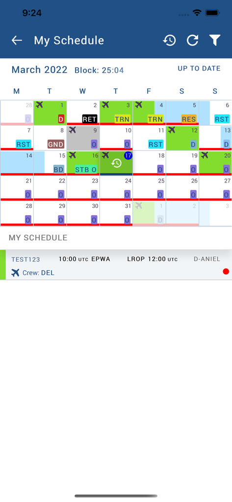 Monthly calendar view of flight crew schedules in the Leon aviation app