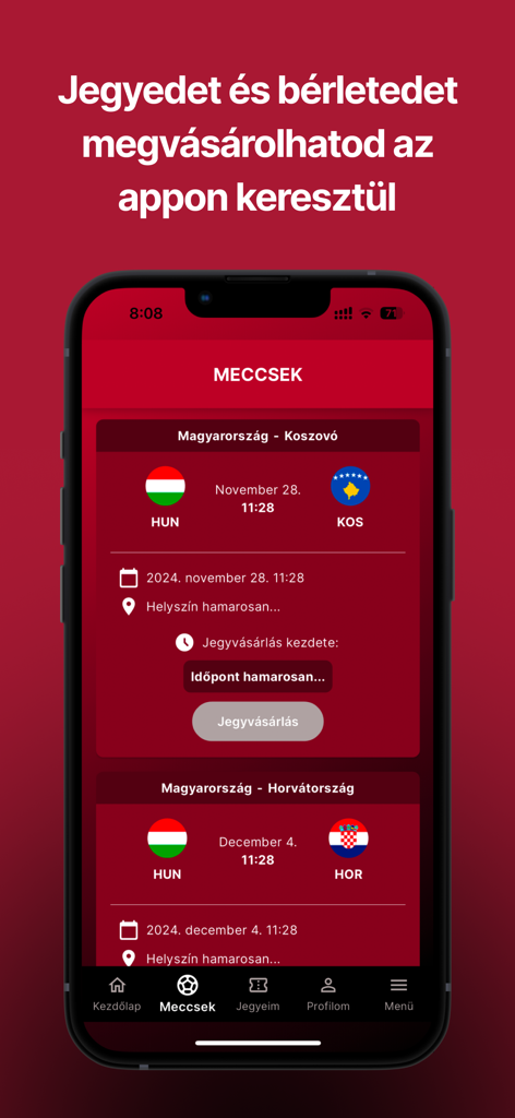 MLSZ Fan Club app screen showing upcoming football matches and ticket purchase options