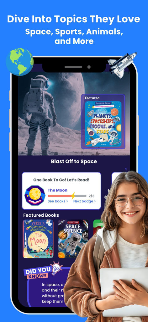 Curiosoアプリのインターフェース。子ども向けの宇宙科学書籍や教育的なトピックが表示されています。