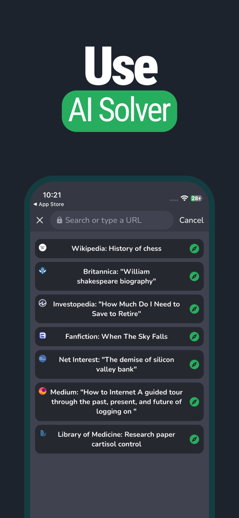 GoatChat - AI Chatbot - GoatChat app screen showing the AI Solver interface with integrated search sources like Wikipedia Britannica and Investopedia