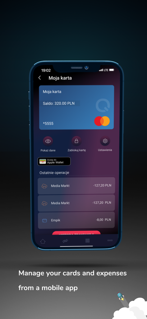 Quicko Wallet mobile app screen showing a virtual Mastercard with balance and recent transactions.