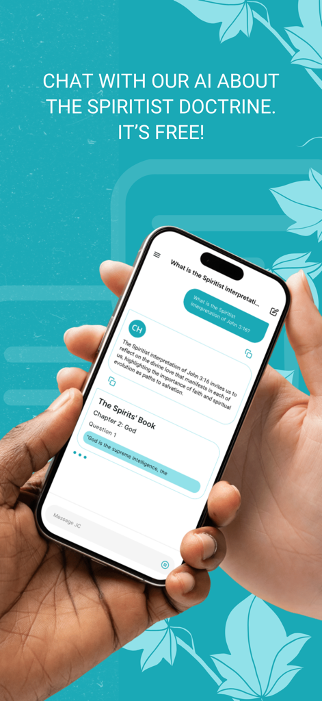 Chico - Spiritual Guide - A person holding a smartphone showing an AI chat about the Spiritist doctrine within the Chico app interface.