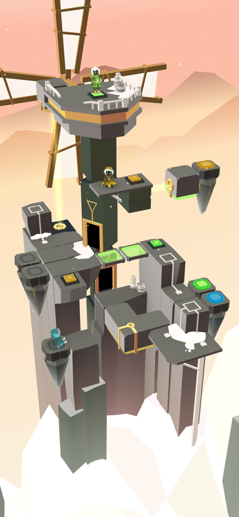 A minimalist mountain puzzle level in Path of Giants with explorers and a windmill