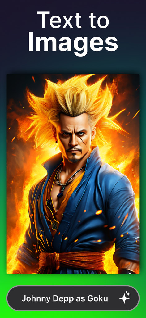 AI art generator showing a text to image result for Johnny Depp as Goku