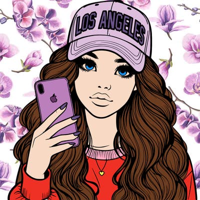 realistic beautiful girl wearing los ángeles cap holding an iphone