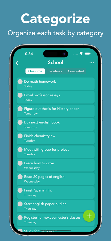 Pantalla de smartphone que muestra la aplicación Smart Tasks con una lista de tareas escolares organizadas por categoría.