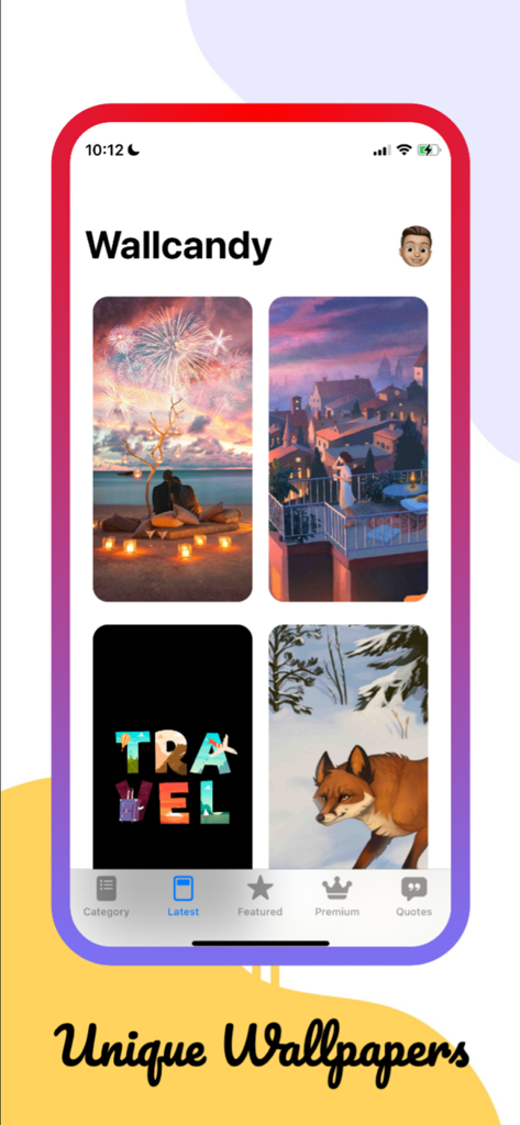 Wallcandy - Unique Wallpapers - L'interface de l'application Wallcandy affichant une galerie organisée de fonds d'écran d'art numérique uniques, y compris des paysages et des illustrations.