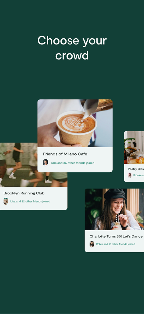 Loop matchmaking app interface displaying community groups like Brooklyn Running Club and Milano Cafe under the title Choose your crowd