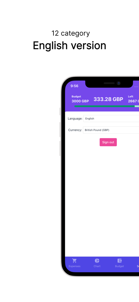 BudgetSense Ninja app settings showing budget overview and currency selection