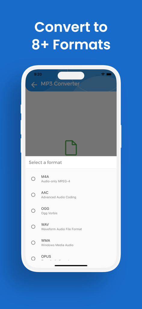 Interface of the MP3 Converter app showing a list of selectable audio formats like M4A AAC OGG and WAV