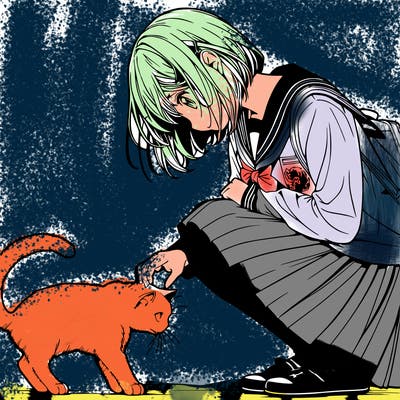 realistic anime girl bending down to pet a cat