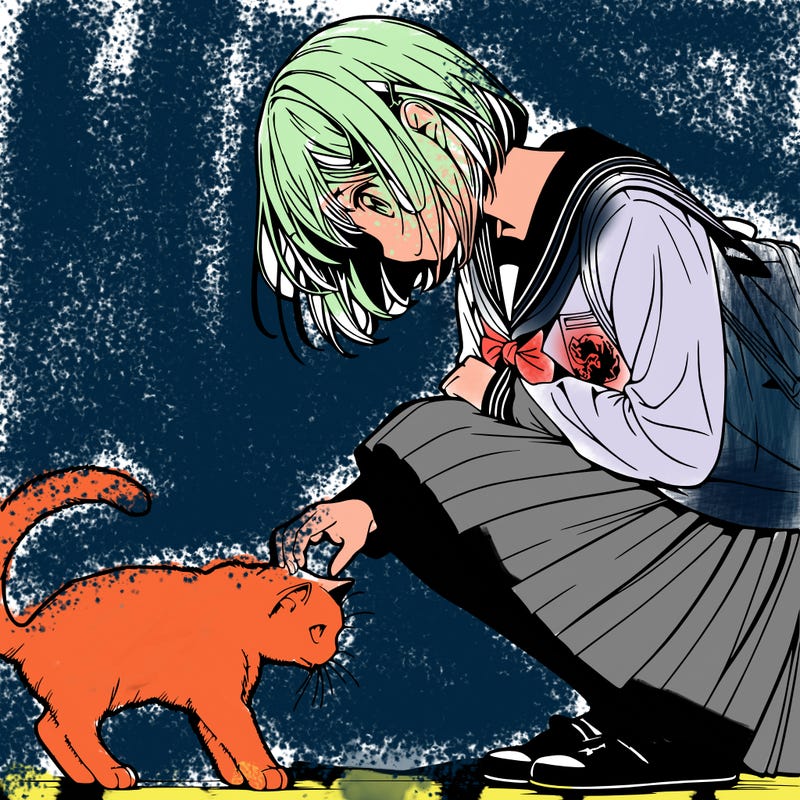 realistic anime girl bending down to pet a cat