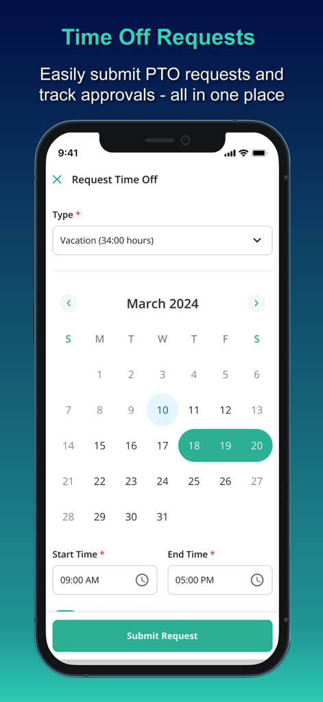 Inn-Flow Mobile - Interfaz de la aplicación Inn-Flow Mobile para enviar solicitudes de tiempo libre y PTO de empleados del hotel