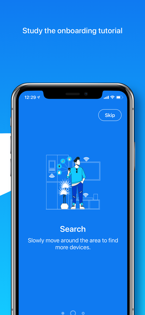 Find Device - bluetooth finder - Pantalla de incorporación de la aplicación que muestra a una persona escaneando una habitación en busca de dispositivos Bluetooth perdidos