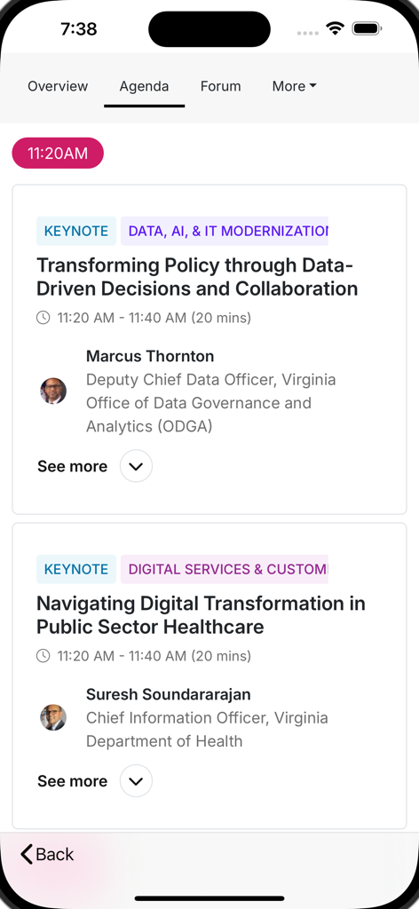 Agenda screen of the Public Sector Network app displaying keynote sessions and speaker information for government professionals.