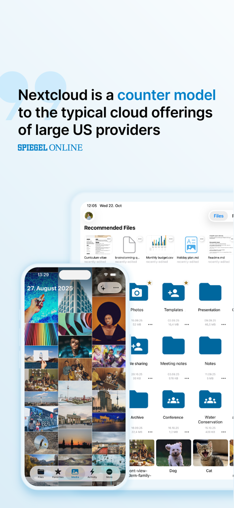 Nextcloud app interface on iPhone and iPad displaying photo gallery and organized file folders