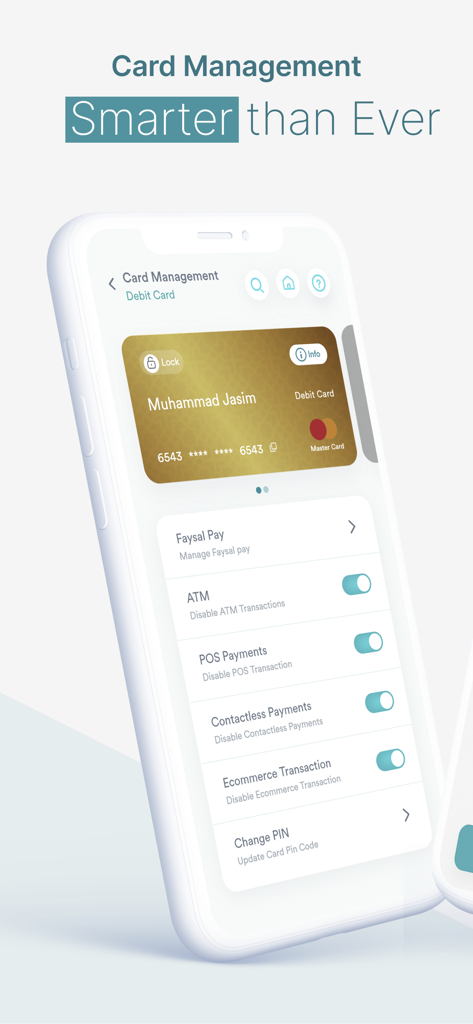 Faysal DigiBank app card management screen showing debit card controls and transaction toggles