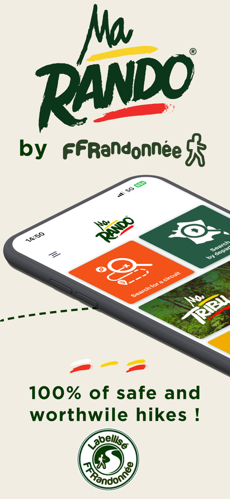 MaRando app by the French Hiking Association displaying trail search options and certified safe routes.