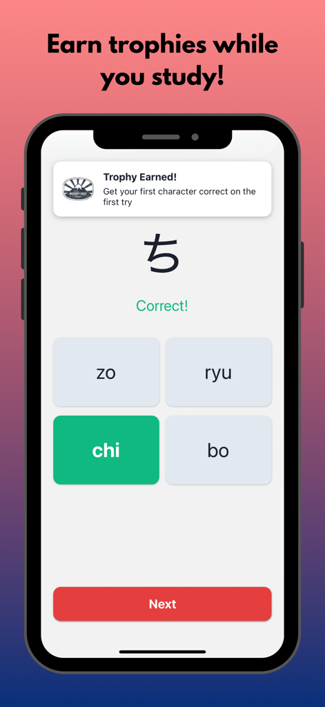KanaDojo: Hiragana & Katakana - KanaDojo app interface showing a Hiragana quiz with a trophy earned notification for selecting the correct character chi.