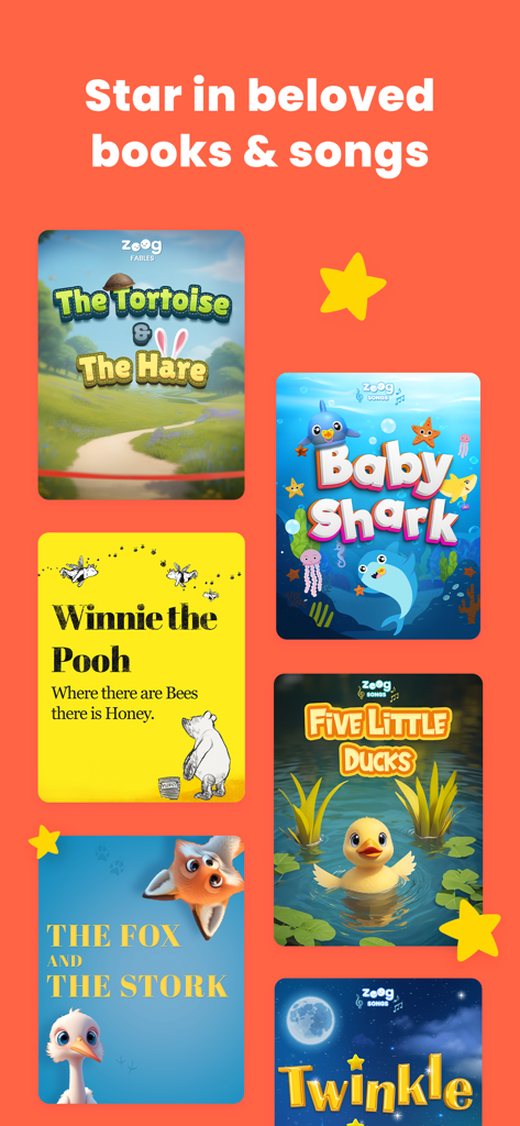 Selection of popular children's books and songs available in the Zoog app library