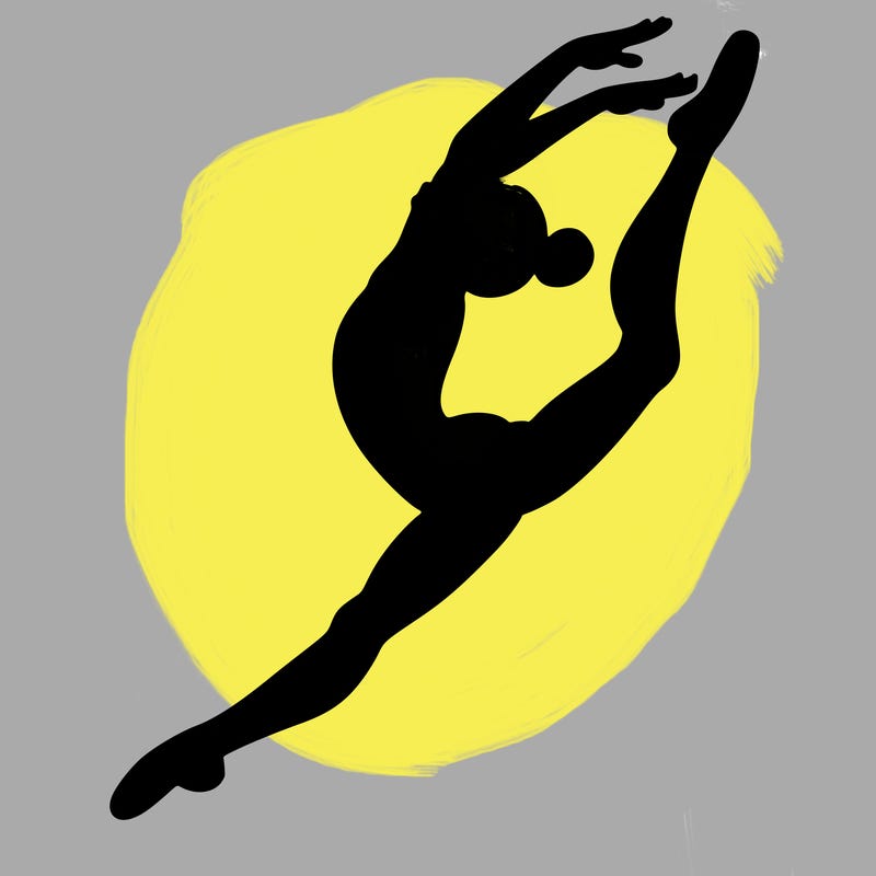 gymnast doing a leap in a leotard with a bent back leg