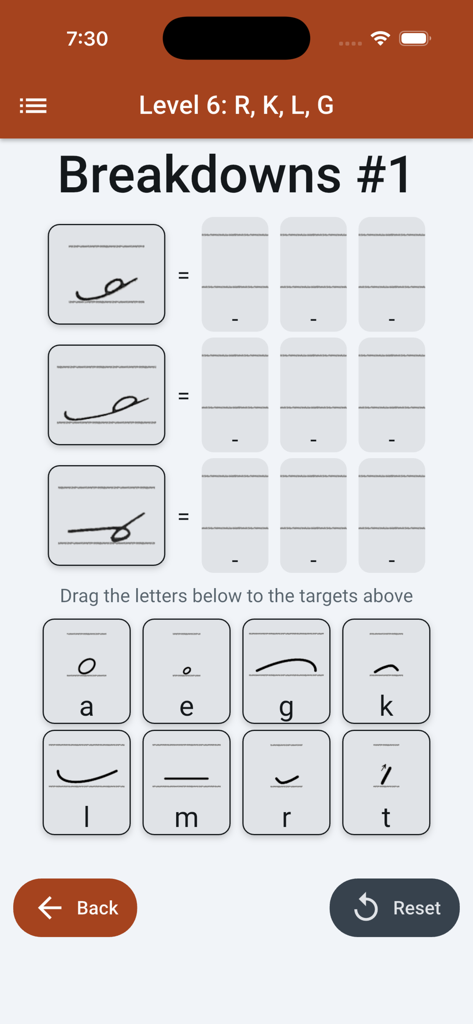 Shorthanded Gregg - A lesson screen in the Shorthanded Gregg app showing shorthand symbol breakdown and letter matching exercises