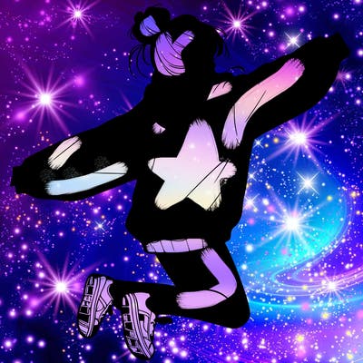 realistic girl jumping with a bun and oversized sweatshirt