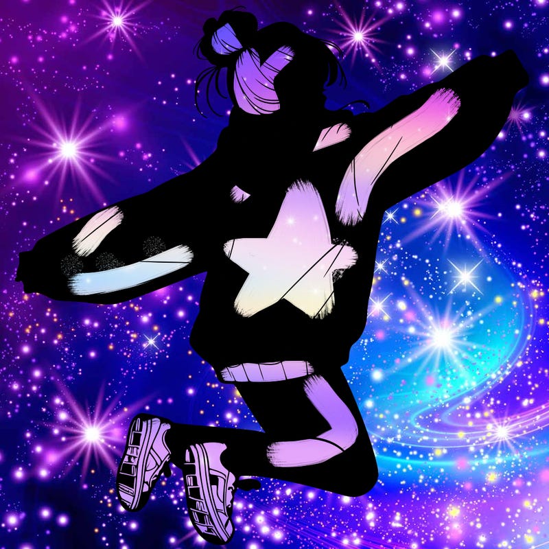 realistic girl jumping with a bun and oversized sweatshirt
