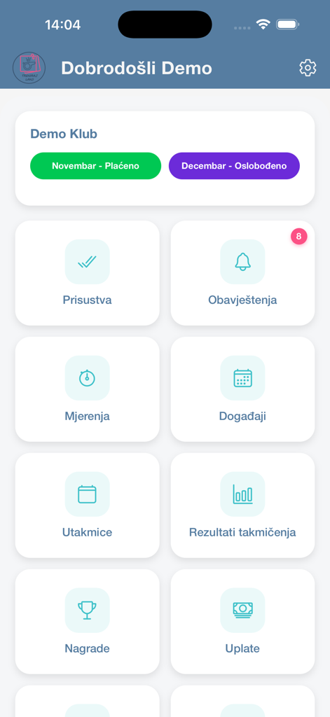 Treniraj lako - Clan - Dashboard of the Treniraj lako member app showing icons for attendance notifications measurements events matches competition results awards and payments
