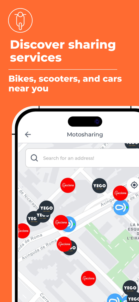 Map view in the SMOU mobility app displaying available shared scooters and motorcycles in Barcelona