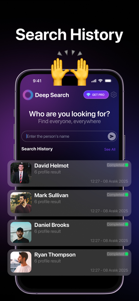 Interface of DeepSearch app showing search history for various people with social profile results.